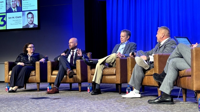 First Liberty Institute Senior Counsel Jeremy Dys (second from left) speaks during The Christian Post's 'Politics in the Pews' event at Fellowship Church in Grapevine, Texas, on Aug. 27. 2024. He was joined by former Kansas Gov. Sam Brownback (middle), Coach Joe Kennedy (second from right) and FRC senior fellow Meg Kilgannon (left). Christian Post reporter Ian M. Giatti (right) moderated the panel.